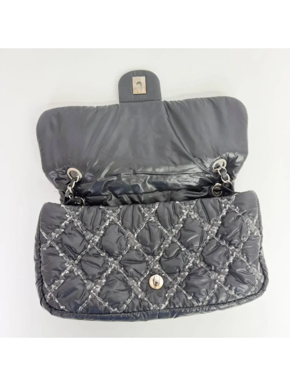 Chanel Quilted Tweed on Stitch Bubble Flap Shoulder Bag Nylon Black Silver Seal